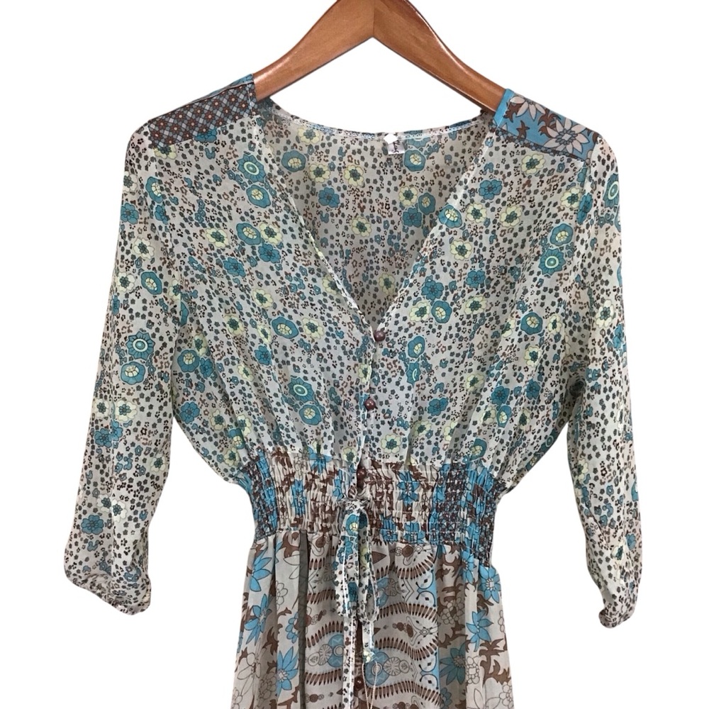 Boho Long Sheer Floral Maxi Dress XL Blue and Cream Prairiecore - Picture 2 of 9